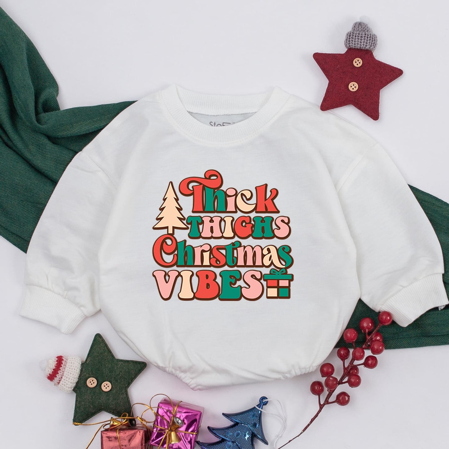 Thick Thighs Christmas Vibes Baby Girl Romper First Christmas Outfit Retro Bubbly Font Festive Holiday Infant Bodysuit Red Green Pink Beige