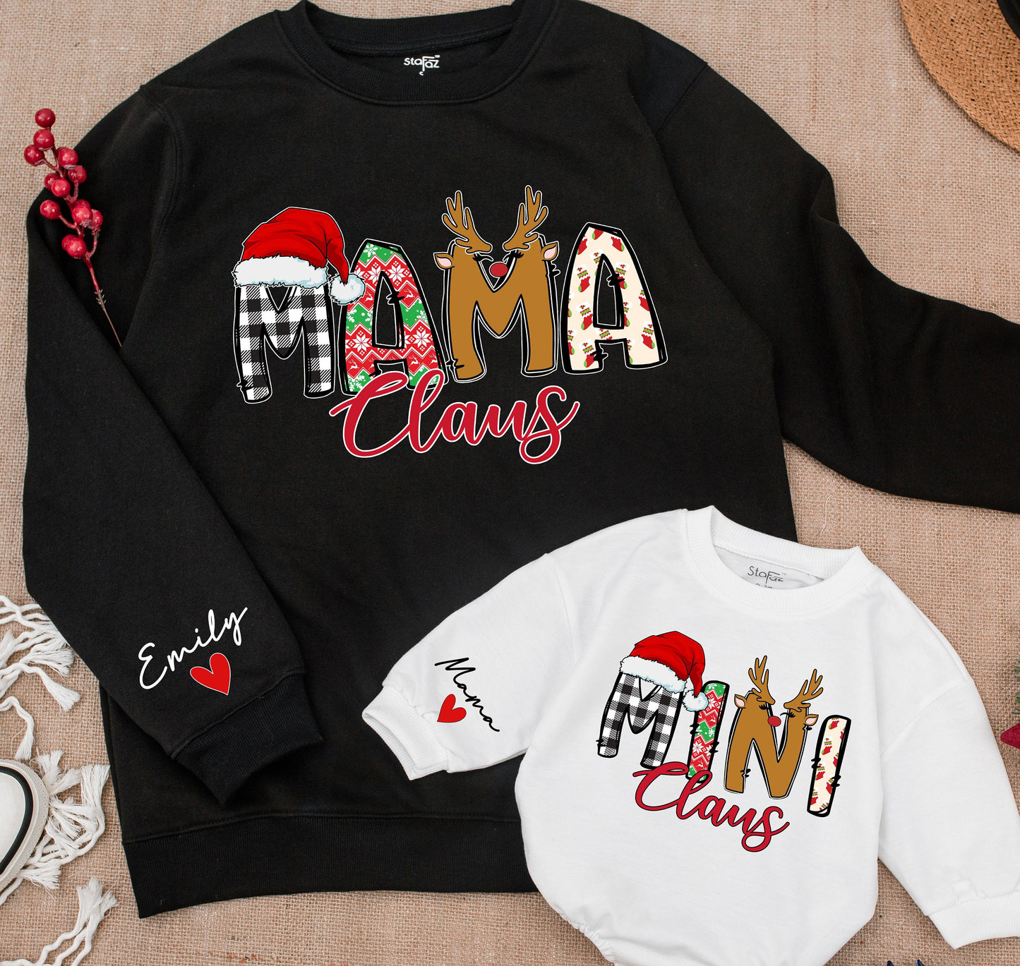 Mama Claus and Mini Claus Christmas Matching Family Sweatshirts, Mom & Baby Girl Holiday Outfit, Festive Santa Hat Design, Personalized Emily Gift