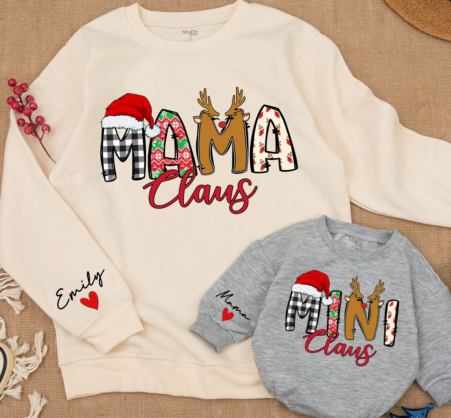 Mama Claus and Mini Claus Christmas Matching Family Sweatshirts, Mom & Baby Girl Holiday Outfit, Festive Santa Hat Design, Personalized Emily Gift