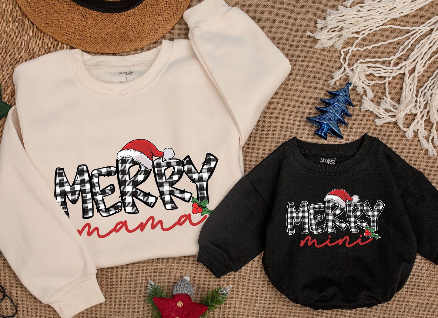 Plaid Merry Mama Christmas Sweatshirt, Cute Matching Family Holiday Sweaters, Holly Berry Accent, Personalized Gift for Mom and Daughter, Festive Outfit 138