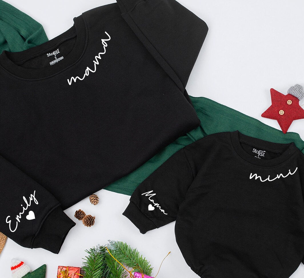 Custom Mama and Mini Matching Sweatshirts Daughter Son Names Family Cozy Winter Apparel Retro Christmas Gift Baby Newborn Coming Home