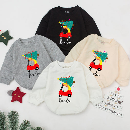 Personalized Red Car Christmas Baby Romper Outfit, Christmas Baby Girl Boy Infant Clothes, 1st Christmas Gift, Retro Santa Baby Romper