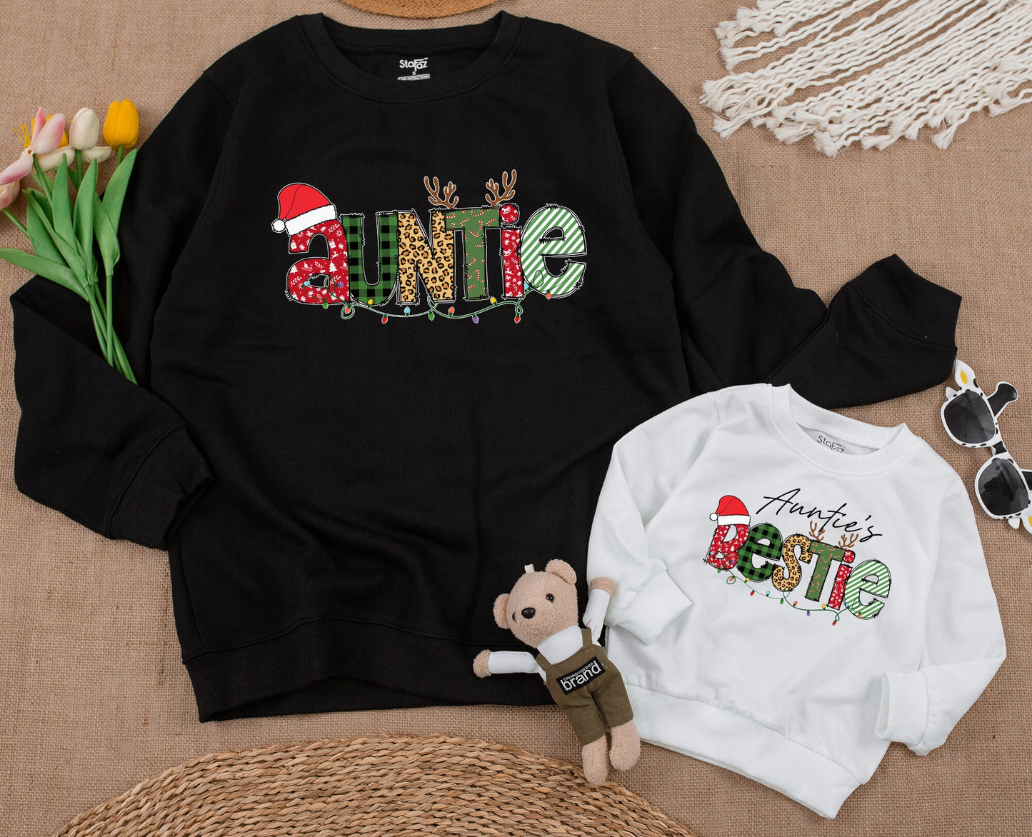 Auntie & Bestie Christmas Matching Sweatshirt Cute Xmas Kid Outfit Fall Baby Romper Gift Merry Christmas Family Winter Tee Santa Shirt