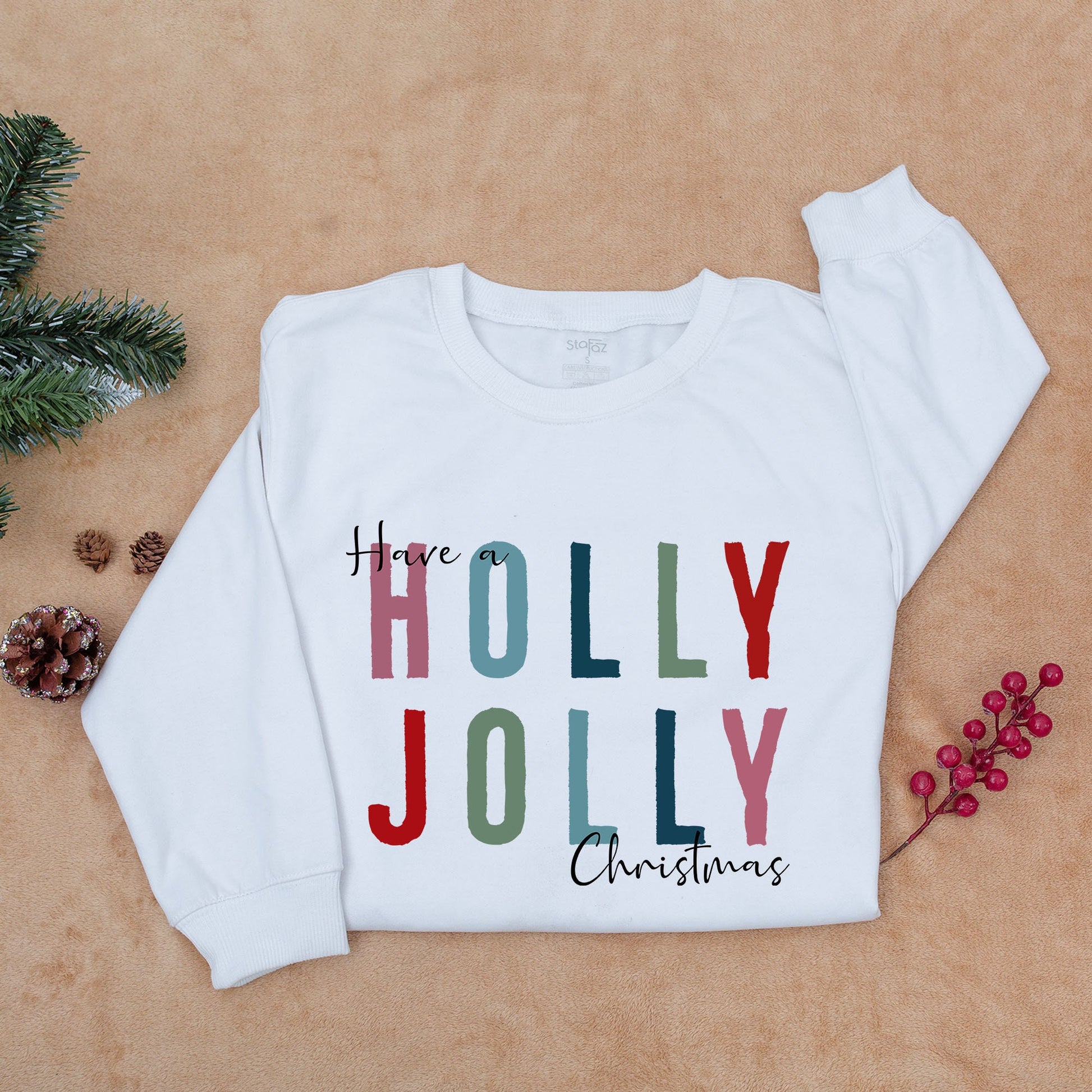 Holly Jolly Christmas Sweatshirt with Bold Colorful Red Green Blue Letters Womens Holiday Party Crewneck Festive Xmas Gift Idea