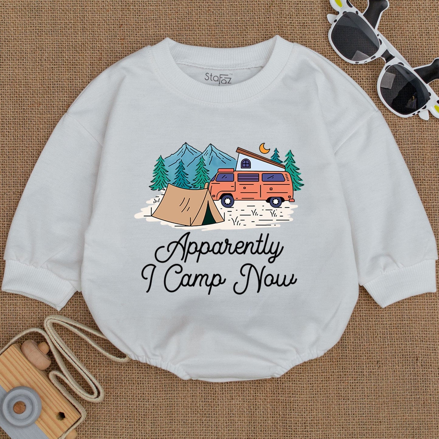 Apparently I Camp Now Baby Bodysuit Cute Camping Infant Romper Whimsical Outdoor Adventure Mountain & Camper Van Design Happy Little Adventurer Gift