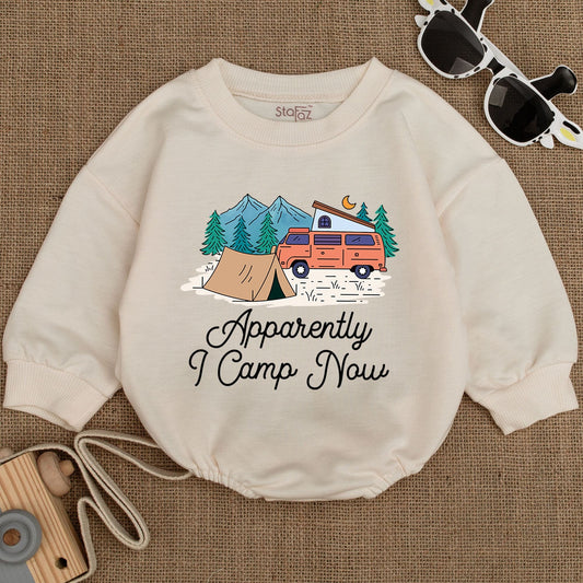 Apparently I Camp Now Baby Bodysuit Cute Camping Infant Romper Whimsical Outdoor Adventure Mountain & Camper Van Design Happy Little Adventurer Gift