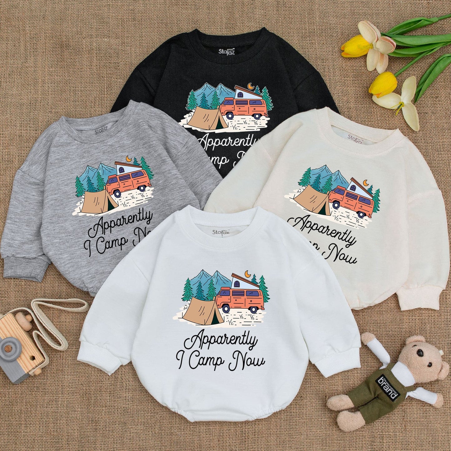Apparently I Camp Now Baby Bodysuit Cute Camping Infant Romper Whimsical Outdoor Adventure Mountain & Camper Van Design Happy Little Adventurer Gift