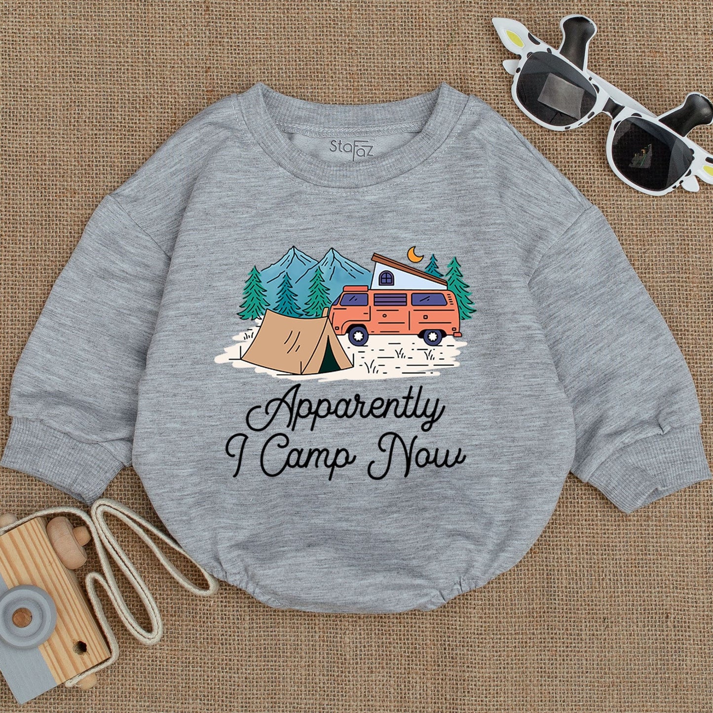 Apparently I Camp Now Baby Bodysuit Cute Camping Infant Romper Whimsical Outdoor Adventure Mountain & Camper Van Design Happy Little Adventurer Gift