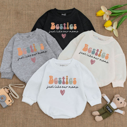 Besties Just Like Our Moms Matching Baby Romper Newborn Girl Cotton Bodysuit Cute Best Friends Outfit Baby Shower Gift Idea Retro Design