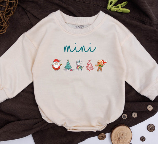 Mama and Mini Christmas Matching Sweatshirt Set Cute Whimsical Mom Baby Daughter Holiday Family Outfit Playful Characters Teal Hand-Lettered