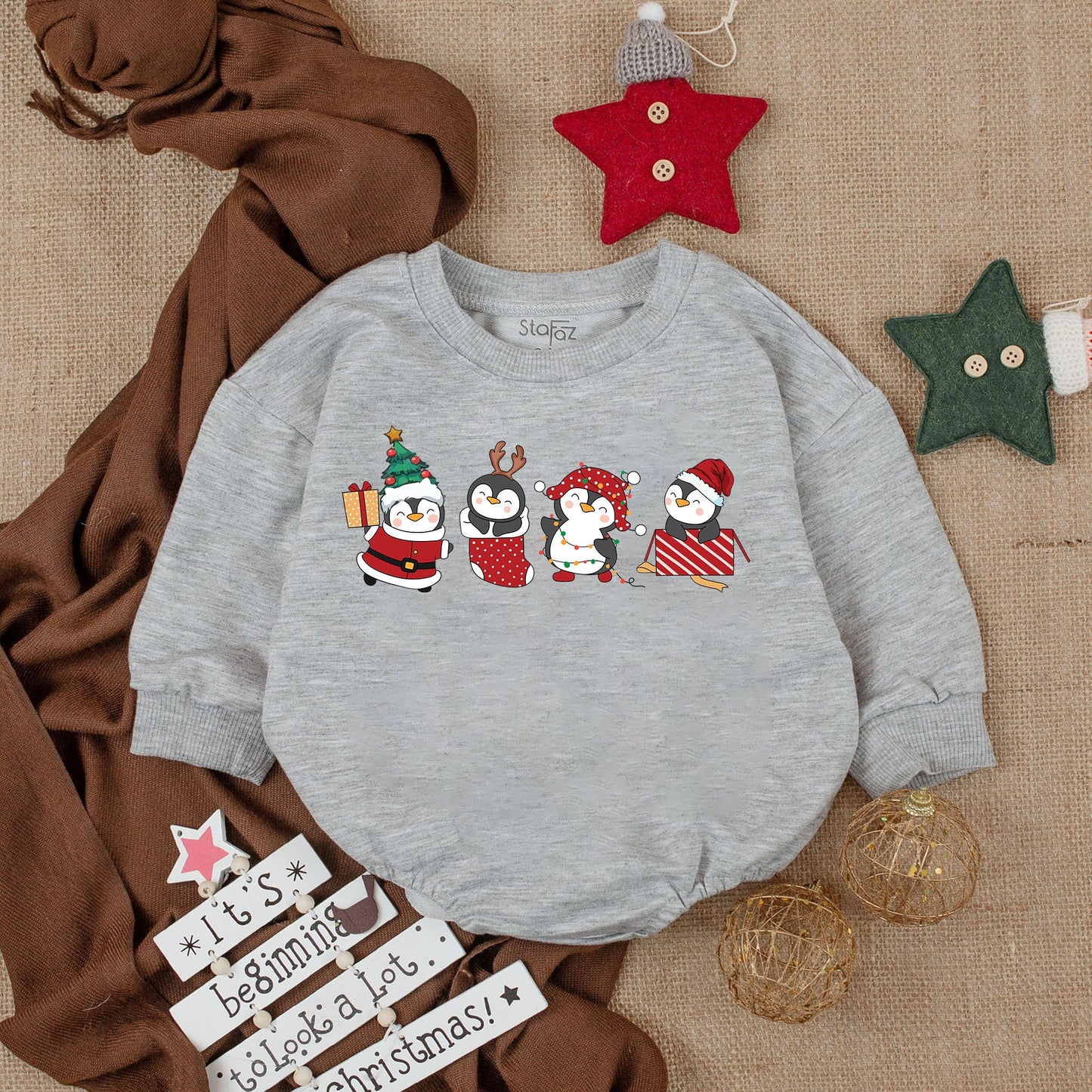 Festive Christmas Baby Boy Bubble Romper with Cute Cartoon Penguins in Holiday Attire Santa Reindeer Bodysuit Outfit