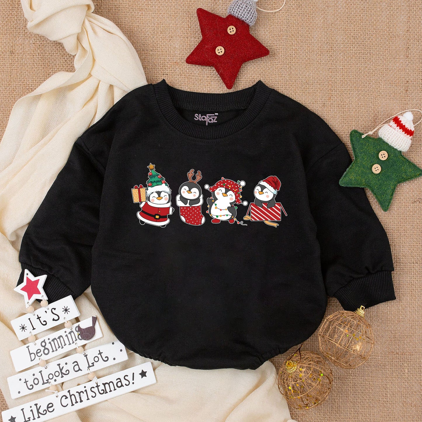 Festive Christmas Baby Boy Bubble Romper with Cute Cartoon Penguins in Holiday Attire Santa Reindeer Bodysuit Outfit
