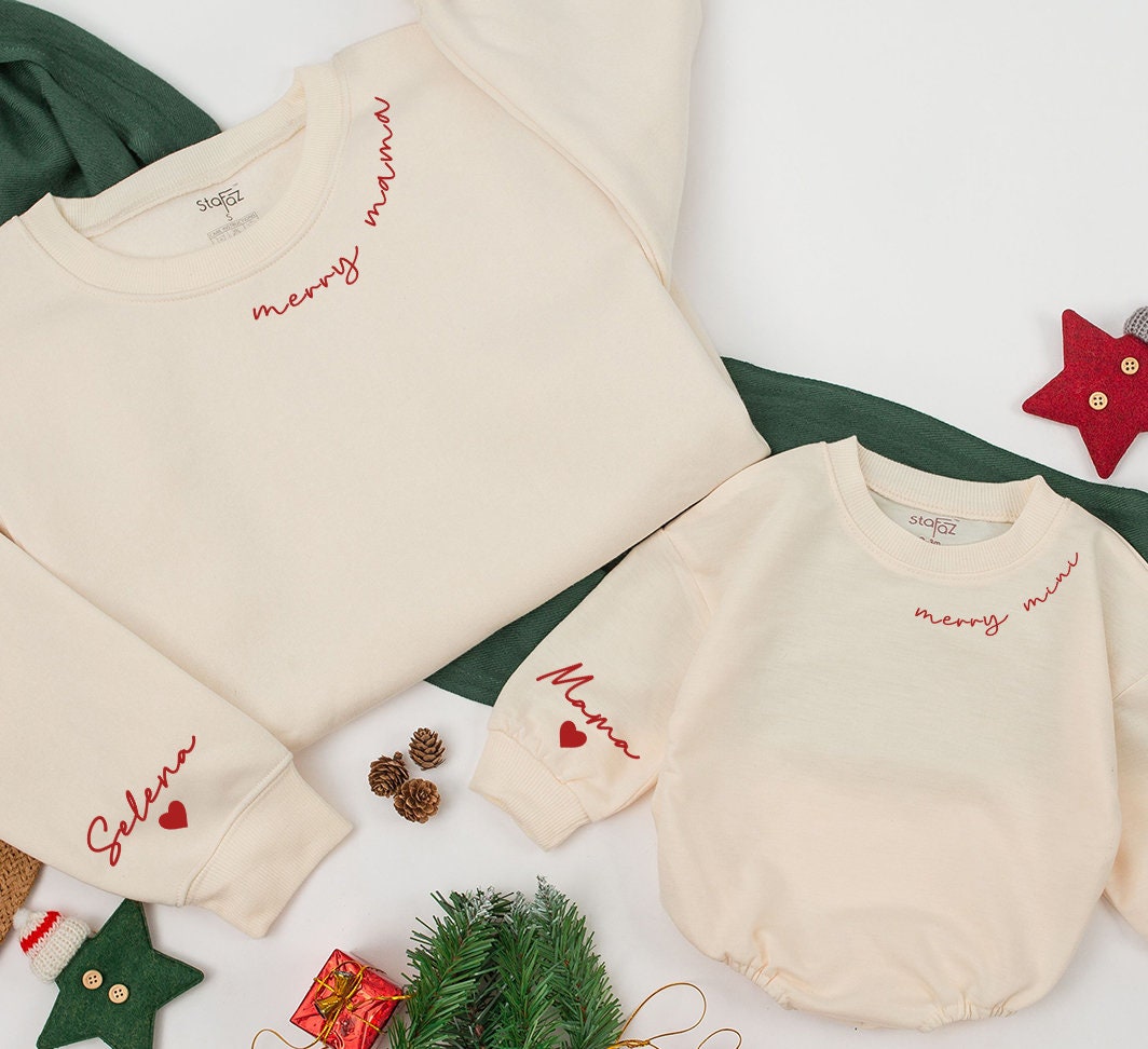 Custom Mama and Mini Christmas Sweatshirt with Daughter and Son Names Personalized Family Holiday Gift Cozy Winter Outfits for Moms and Kids