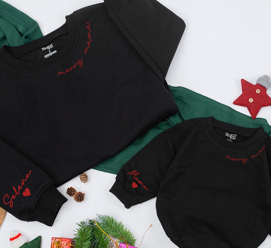 Custom Mama and Mini Christmas Sweatshirt with Daughter and Son Names Personalized Family Holiday Gift Cozy Winter Outfits for Moms and Kids