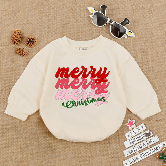 Groovy Merry Christmas Baby Romper Red Pink Green Retro Holiday Infant Outfit Cozy Soft Sweatshirt Playful First Xmas Gift