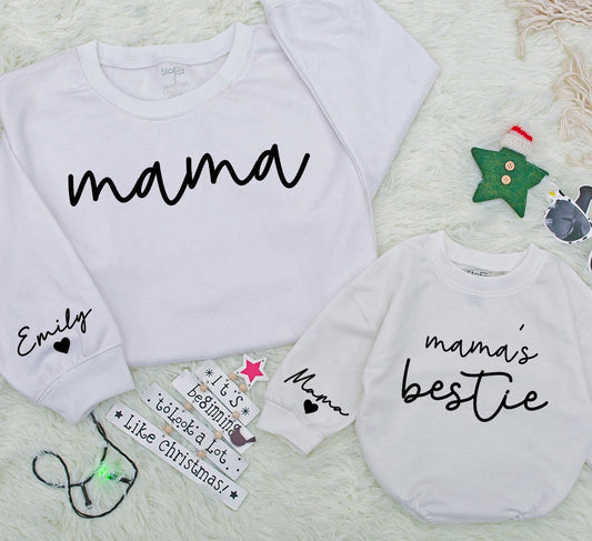Personalized Mama and Mama's Bestie Sweatshirts with Sleeve Name Heart Detail Matching Mom Daughter Son Outfit New Mom Gift Mothers Day Minimalist Modern