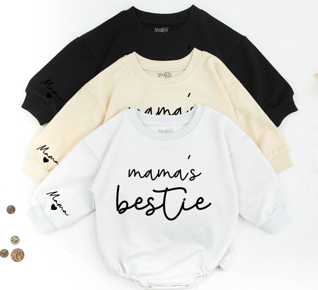 Personalized Mama and Mama's Bestie Sweatshirts with Sleeve Name Heart Detail Matching Mom Daughter Son Outfit New Mom Gift Mothers Day Minimalist Modern