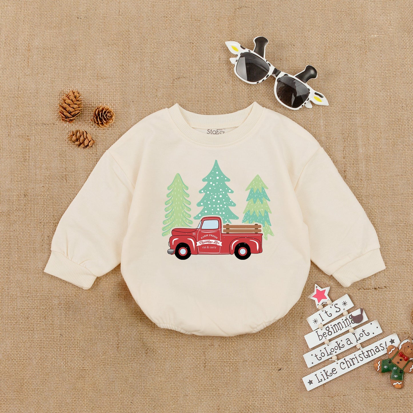Farm Fresh Christmas Tree Baby Romper Vintage Red Pickup Truck My First Christmas Infant Boy Bodysuit Logs Evergreen Shower Gift