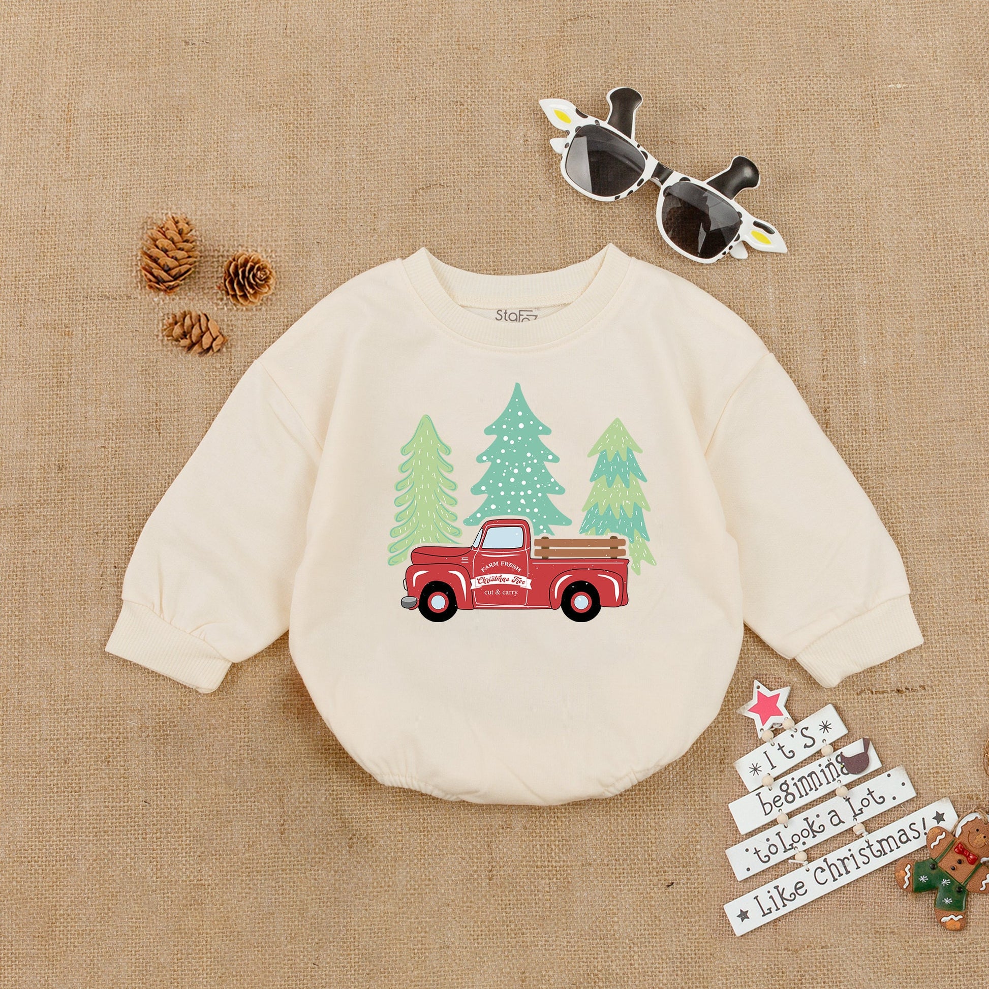 Farm Fresh Christmas Tree Baby Romper Vintage Red Pickup Truck My First Christmas Infant Boy Bodysuit Logs Evergreen Shower Gift