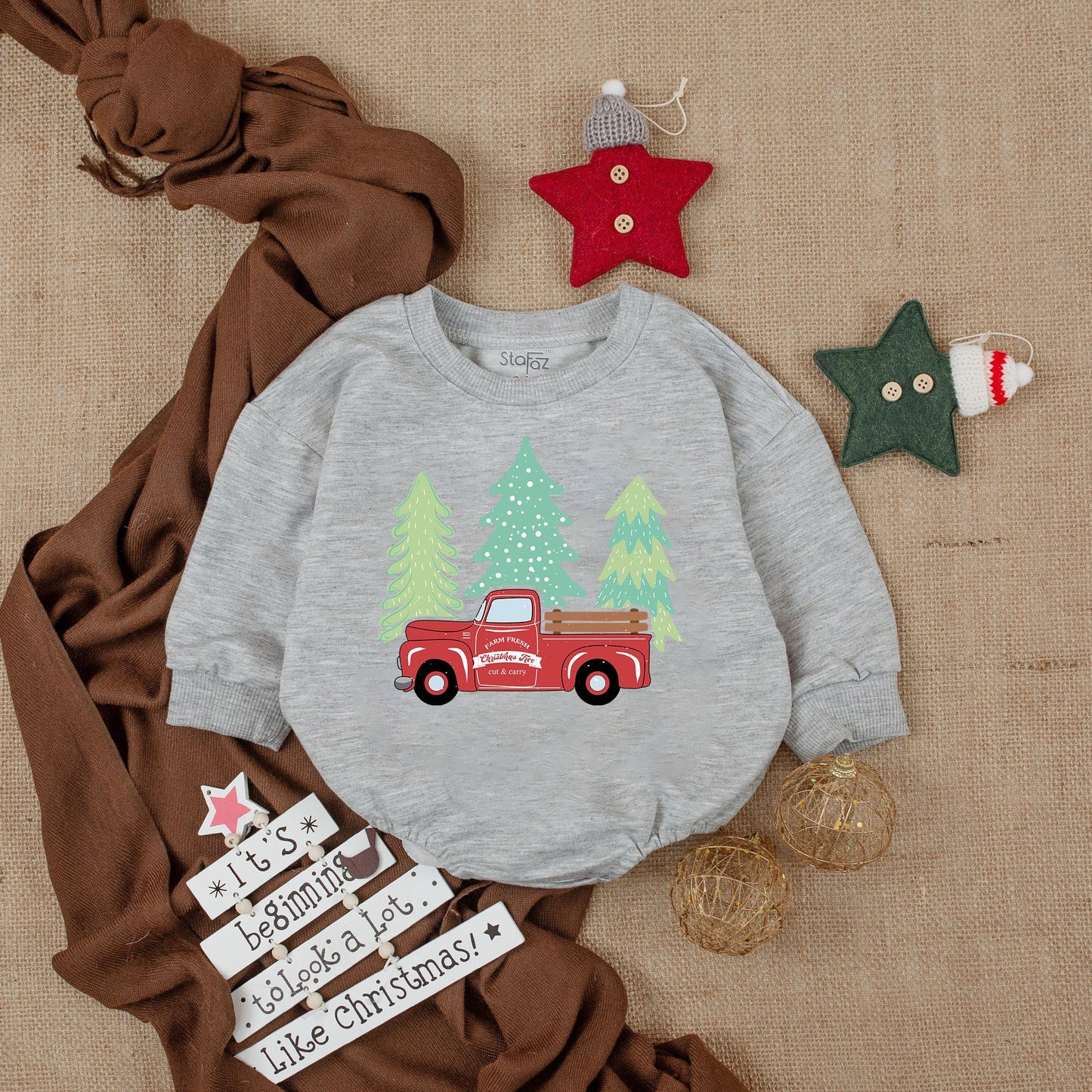 Farm Fresh Christmas Tree Baby Romper Vintage Red Pickup Truck My First Christmas Infant Boy Bodysuit Logs Evergreen Shower Gift