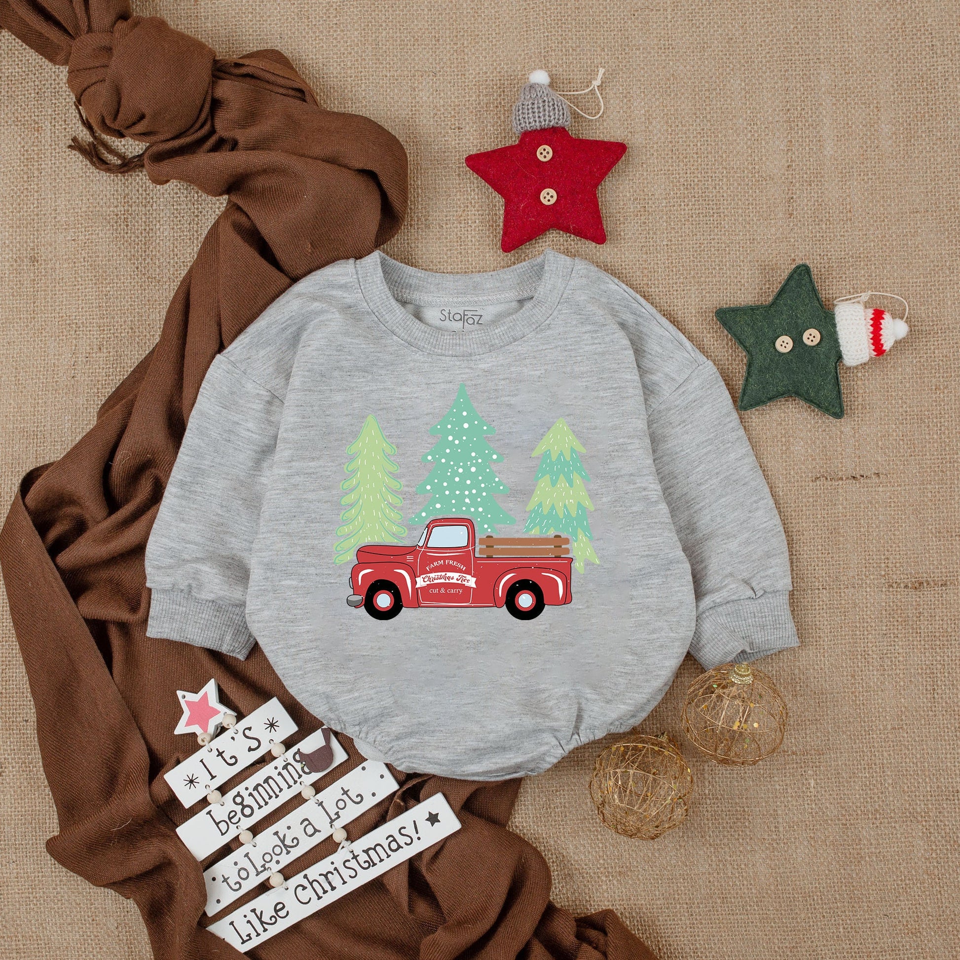 Farm Fresh Christmas Tree Baby Romper Vintage Red Pickup Truck My First Christmas Infant Boy Bodysuit Logs Evergreen Shower Gift