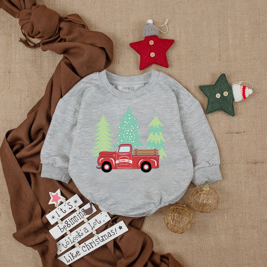 Farm Fresh Christmas Tree Baby Romper Vintage Red Pickup Truck My First Christmas Infant Boy Bodysuit Logs Evergreen Shower Gift