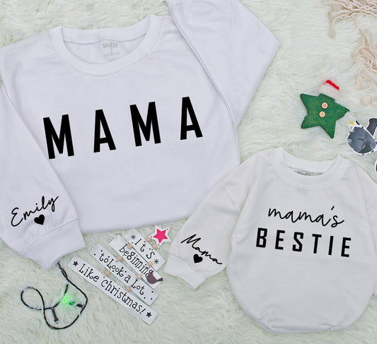Mama & Me Matching Sweatshirts: Personalized Mom & Daughter Outfit with Emily & Mama Sleeves, Modern Mother's Day Gift, Mama's Bestie Style 139char