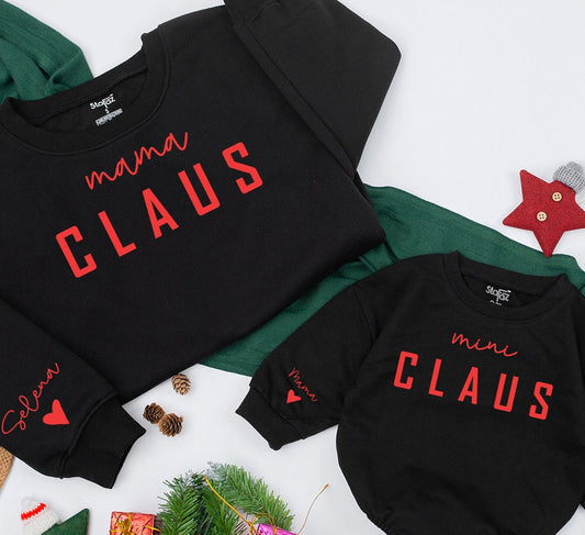 Mama Claus & Mini Claus Christmas Sweatshirt Family Matching Set, Red Festive Design, Personalized Name Gift