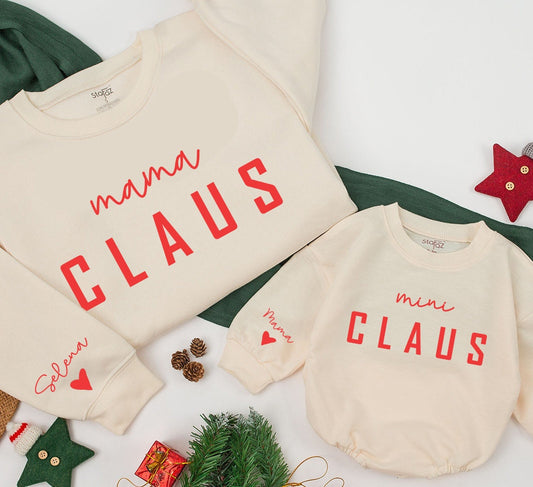 Mama Claus & Mini Claus Christmas Sweatshirt Family Matching Set, Red Festive Design, Personalized Name Gift
