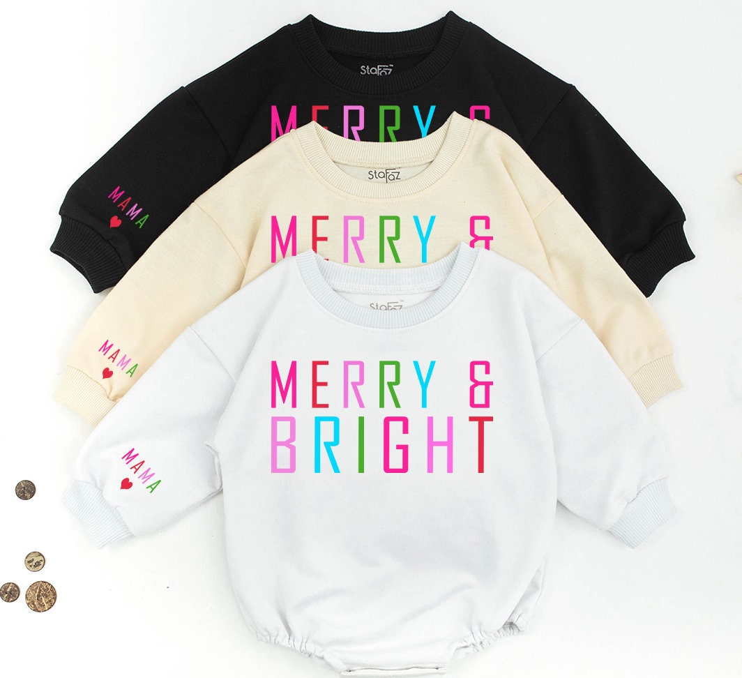 Personalized Mommy and Me Christmas Sweatshirt Merry & Bright Colorful Letters Name on Wrist Mom Daughter Baby Girl Holiday Gift