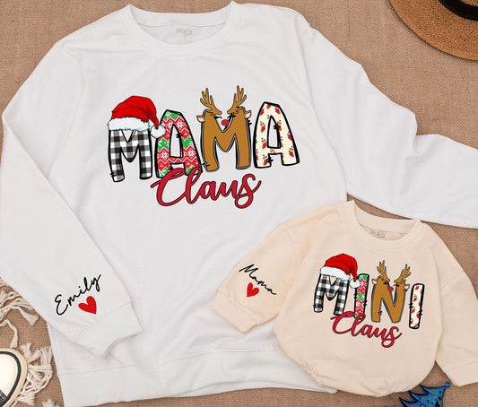Mama Claus and Mini Claus Christmas Matching Family Sweatshirts, Mom & Baby Girl Holiday Outfit, Festive Santa Hat Design, Personalized Emily Gift