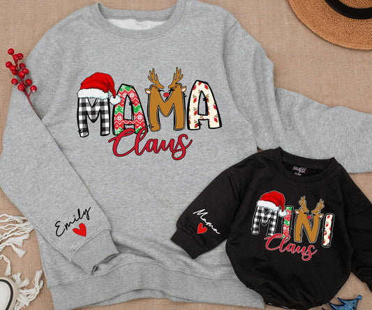 Mama Claus and Mini Claus Christmas Matching Family Sweatshirts, Mom & Baby Girl Holiday Outfit, Festive Santa Hat Design, Personalized Emily Gift