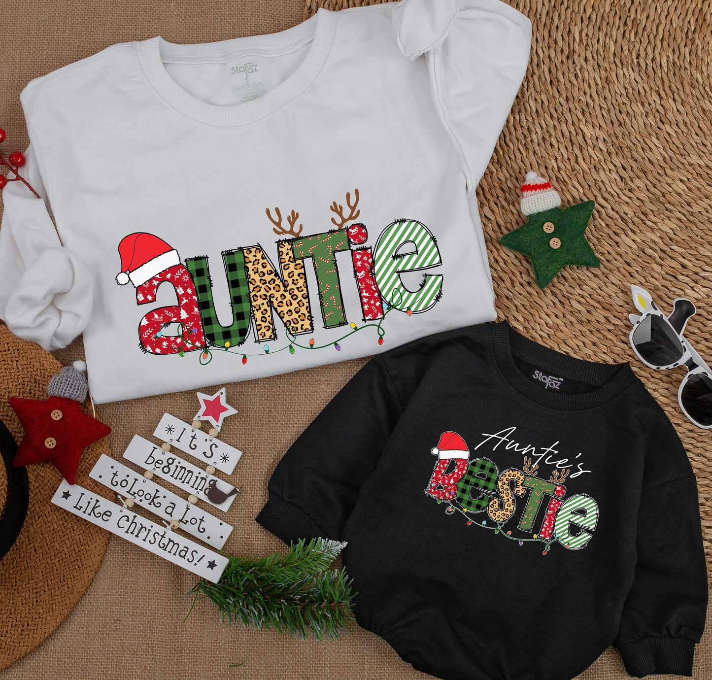 Auntie & Bestie Christmas Matching Sweatshirt Cute Xmas Kid Outfit Fall Baby Romper Gift Merry Christmas Family Winter Tee Santa Shirt