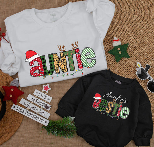 Auntie & Bestie Christmas Matching Sweatshirt Cute Xmas Kid Outfit Fall Baby Romper Gift Merry Christmas Family Winter Tee Santa Shirt