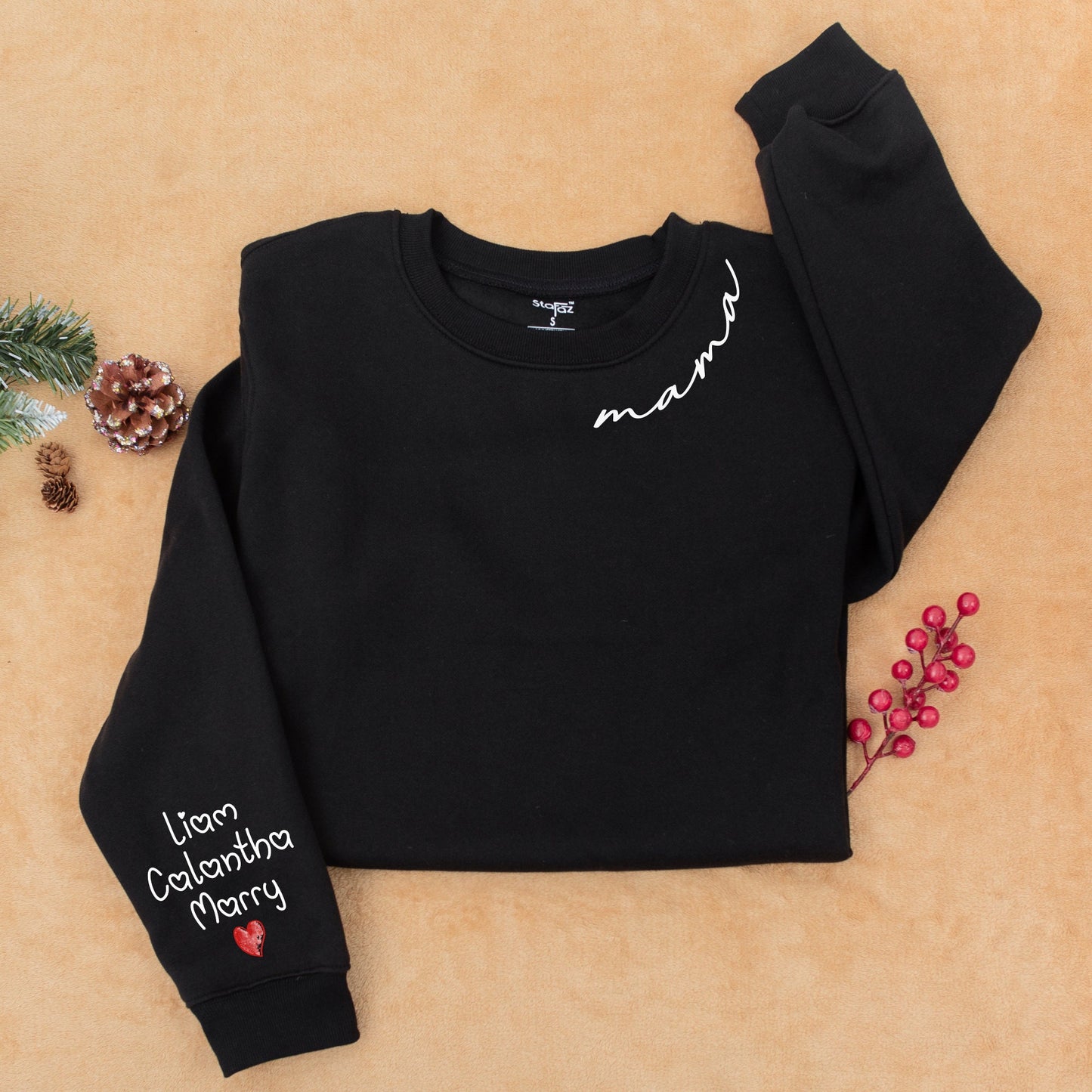 Custom Mama Sweatshirt with Sleeve Names Liam Calantha Marry & Heart Simple Design Soft Comfort Gift for Her