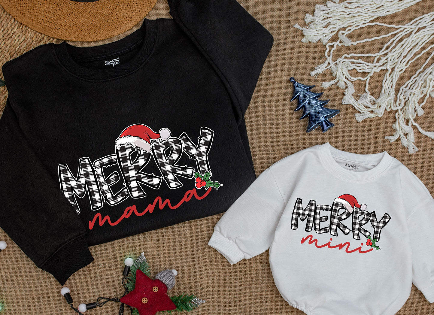 Plaid Merry Mama Christmas Sweatshirt, Cute Matching Family Holiday Sweaters, Holly Berry Accent, Personalized Gift for Mom and Daughter, Festive Outfit 138