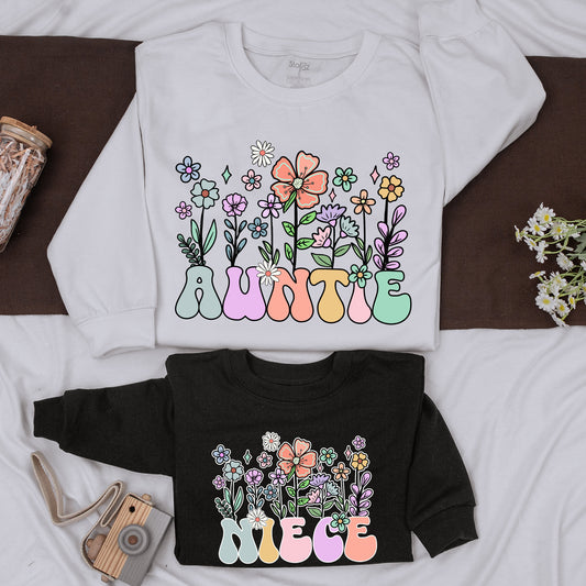 Auntie Niece Matching Sweatshirt Retro Floral Bestie Shirt Whimsical Aunt and Me Outfit Colorful Cartoon Flower Aunt Gift Baby Shower Gift 138