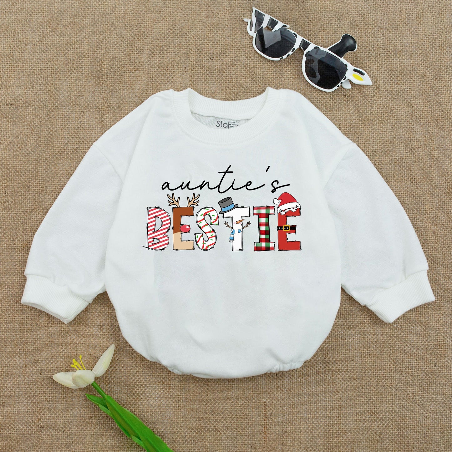 Auntie's Bestie Christmas Baby Romper Festive Holiday Bodysuit Newborn Girl Cozy Long Sleeve Outfit with Playful Patterned Letters