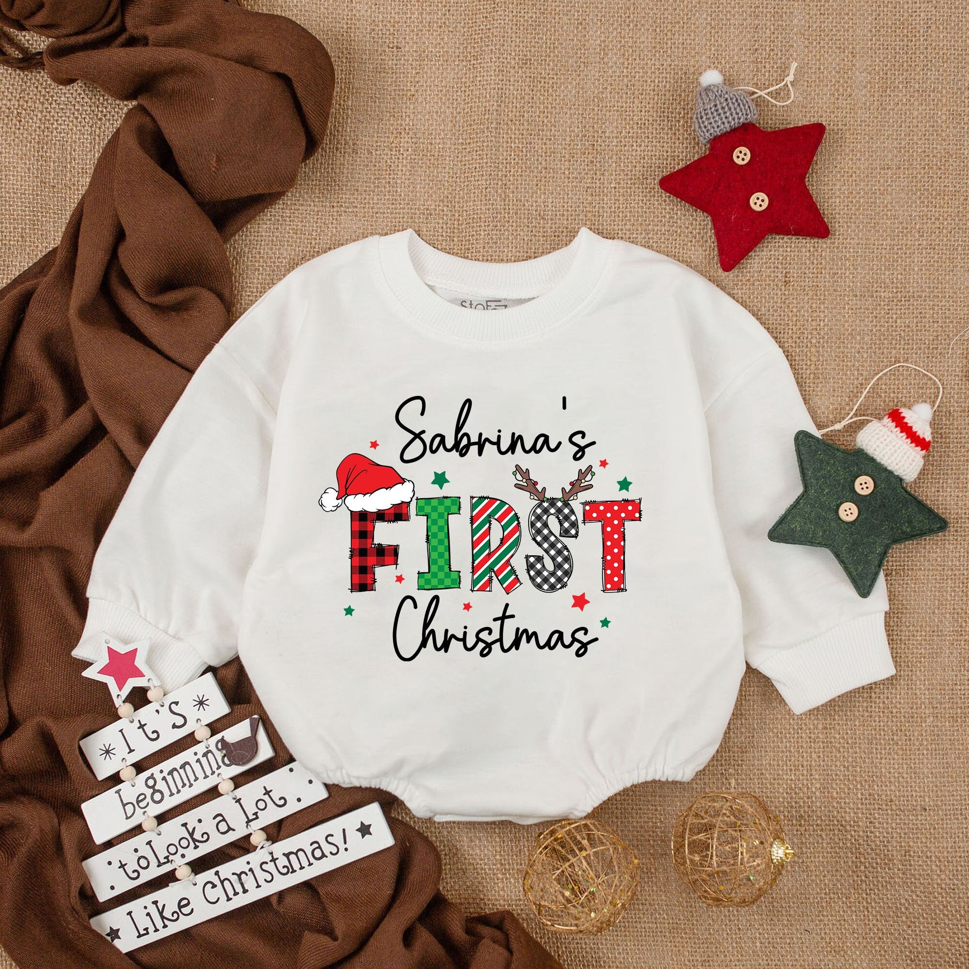 Custom My First Christmas Baby Romper Playful Plaid Striped Oversized Long Sleeve Bodysuit Red Green Cozy Newborn Girl Outfit