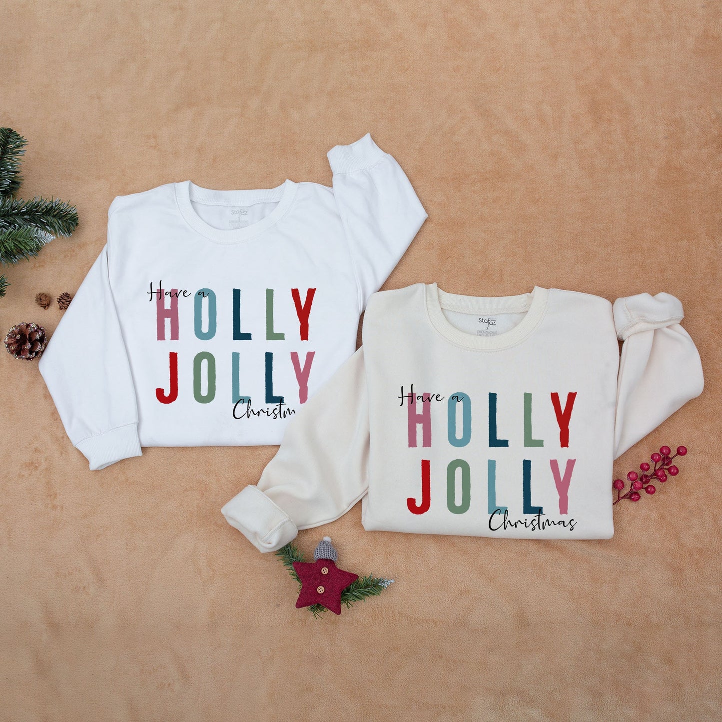 Holly Jolly Christmas Sweatshirt with Bold Colorful Red Green Blue Letters Womens Holiday Party Crewneck Festive Xmas Gift Idea