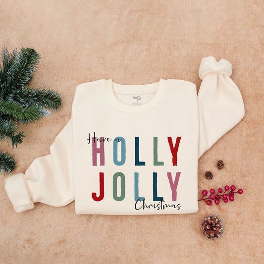 Holly Jolly Christmas Sweatshirt with Bold Colorful Red Green Blue Letters Womens Holiday Party Crewneck Festive Xmas Gift Idea