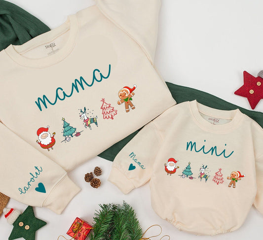Mama and Mini Christmas Matching Sweatshirt Set Cute Whimsical Mom Baby Daughter Holiday Family Outfit Playful Characters Teal Hand-Lettered