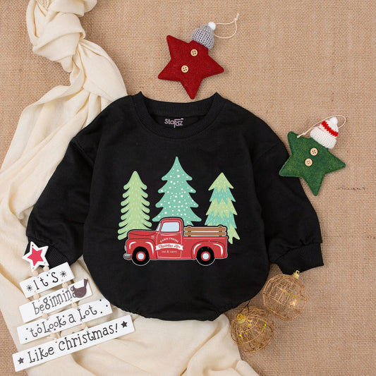Farm Fresh Christmas Tree Baby Romper Vintage Red Pickup Truck My First Christmas Infant Boy Bodysuit Logs Evergreen Shower Gift