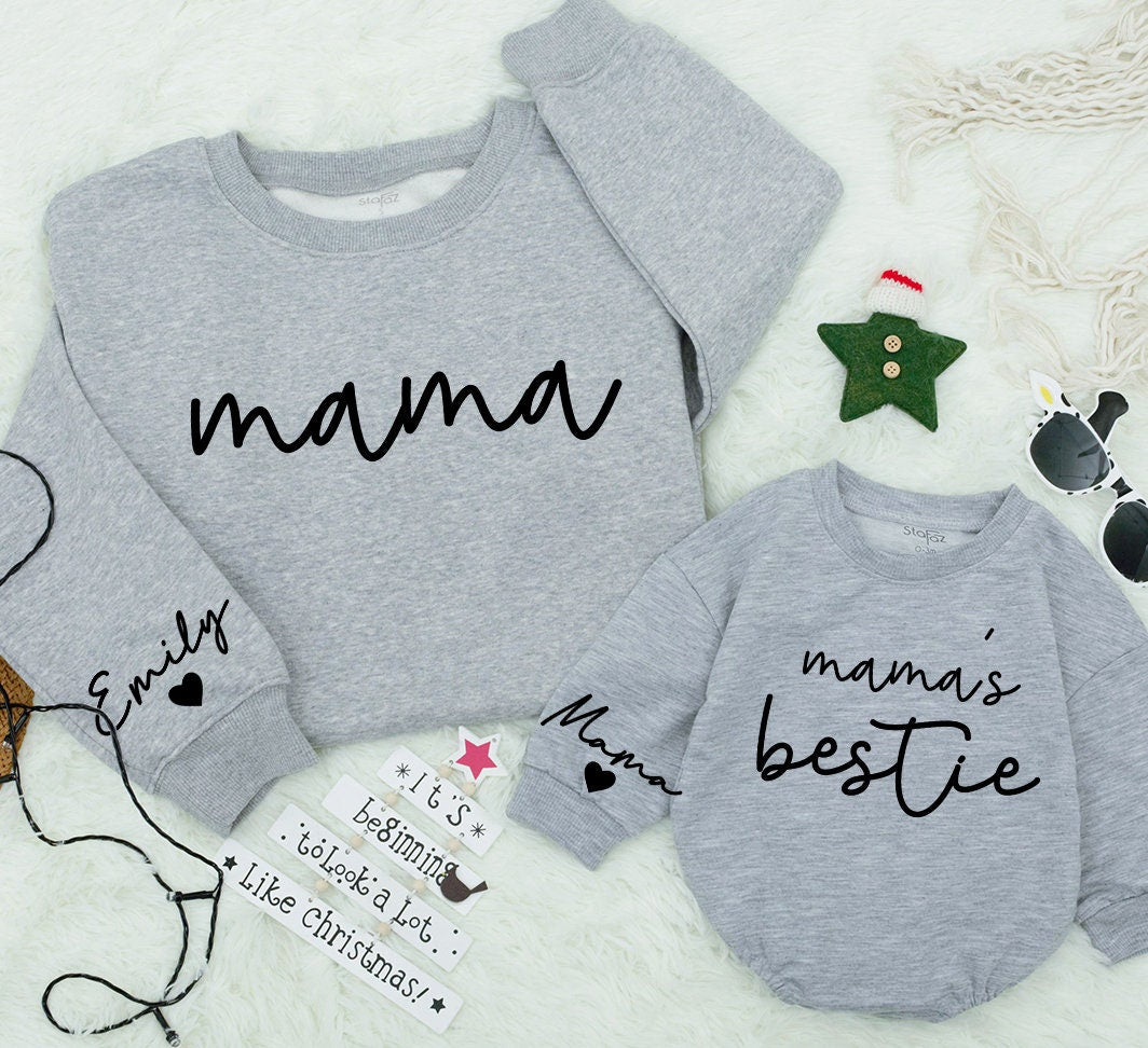 Personalized Mama and Mama's Bestie Sweatshirts with Sleeve Name Heart Detail Matching Mom Daughter Son Outfit New Mom Gift Mothers Day Minimalist Modern