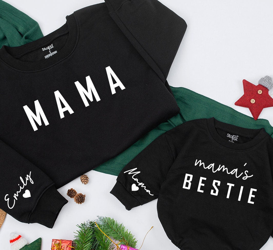 Mama & Me Matching Sweatshirts: Personalized Mom & Daughter Outfit with Emily & Mama Sleeves, Modern Mother's Day Gift, Mama's Bestie Style 139char