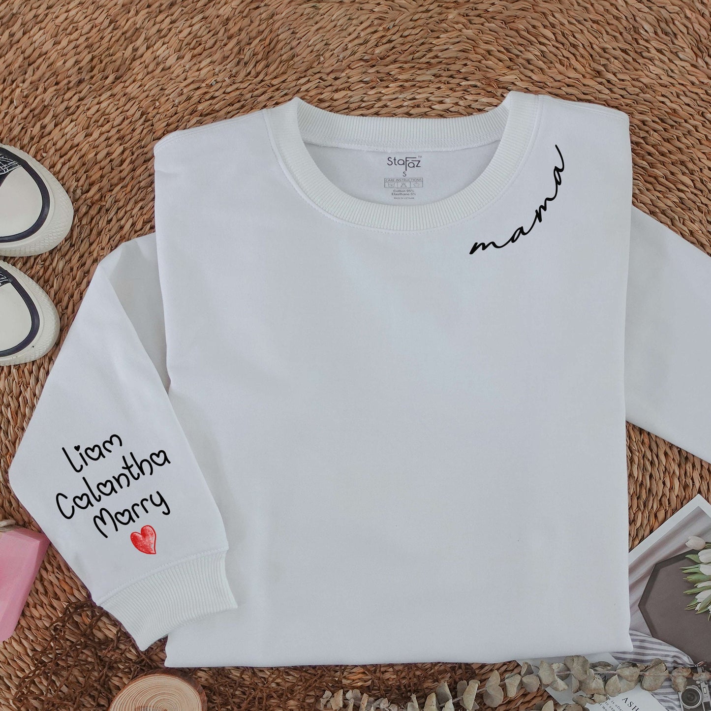 Custom Mama Sweatshirt with Sleeve Names Liam Calantha Marry & Heart Simple Design Soft Comfort Gift for Her