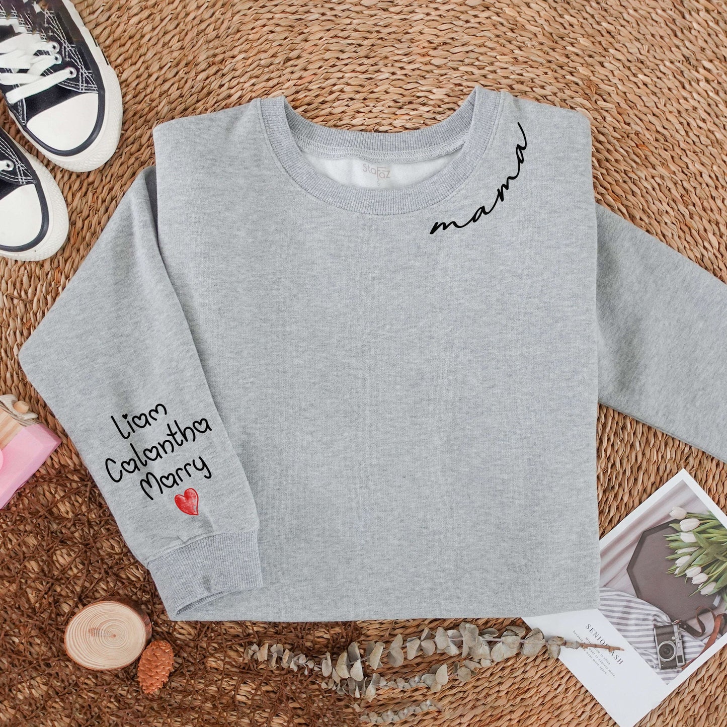 Custom Mama Sweatshirt with Sleeve Names Liam Calantha Marry & Heart Simple Design Soft Comfort Gift for Her