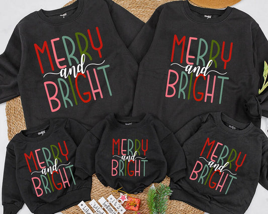 Merry & Bright Retro Sweatshirt: Baby, Toddler & Kids Christmas Gift - Family Matching Holiday Outfit - Red & Green Design