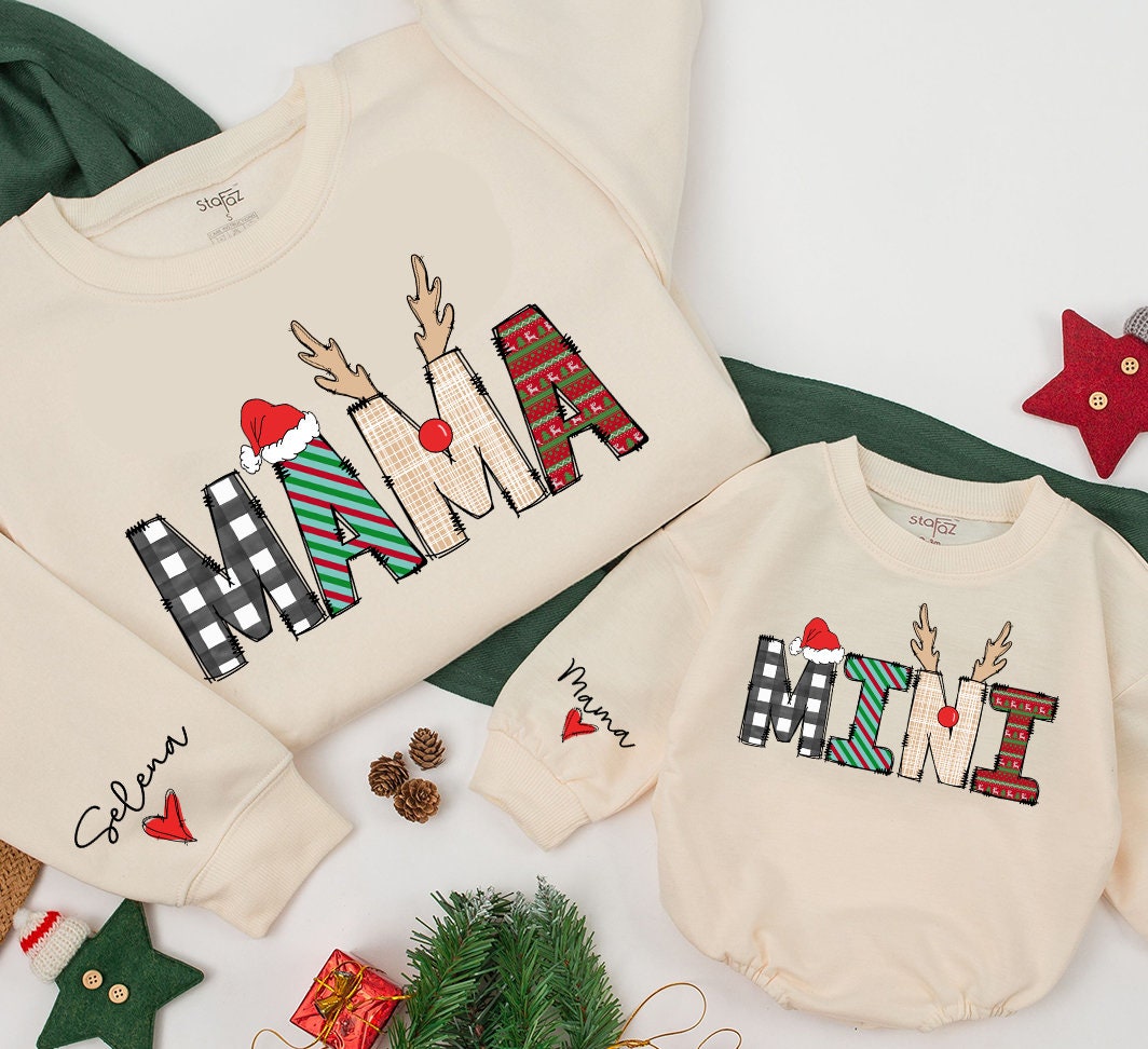 Custom Mama and Mini Sweatshirt Family Matching Christmas Outfit Baby Girl Romper Soft Cotton Cozy Holiday Gift Set
