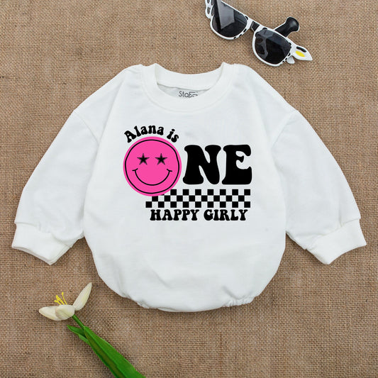 One Happy Birthday Girl Bodysuit with Smiley Face Daisy Design | First Birthday Outfit Baby Girl Romper Party Celebration